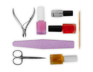 Set cosmetics for makeup - brushes and eye shadows, lipstick and nail polish
