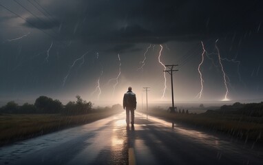 person walking in the rain towards a storm  heavy lightning
