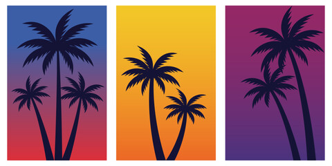 Fototapeta na wymiar Vector set of colorful gradient tropical backgrounds with palm trees. Summer poster,flyers template.Vector illustration