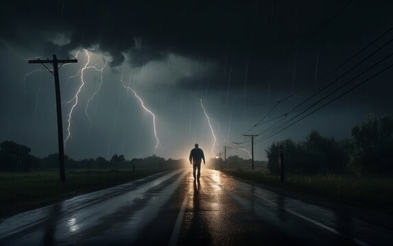 person walking in the rain towards a storm  heavy lightning