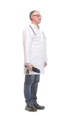 Fototapeta premium Male doctor holding blood pressure monitor on white background