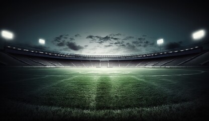 stadium evening match on the green grass field, Generative AI - Powered by Adobe