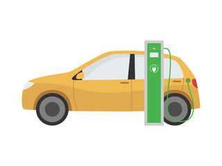 Electric car near charging station. Green electricity energy consumption concept. Flat cartoon style