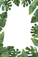 Fototapeta premium Floral frame with tropical leaves. Ornament, decorative frame, floral designs. Square frame with place for your text. Hand painted watercolor painting of exotic plants