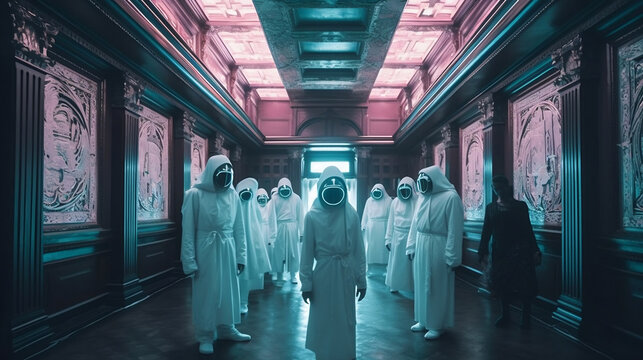 Film still of a cryptic congregation of Illuminati. Created with Generative AI technology.