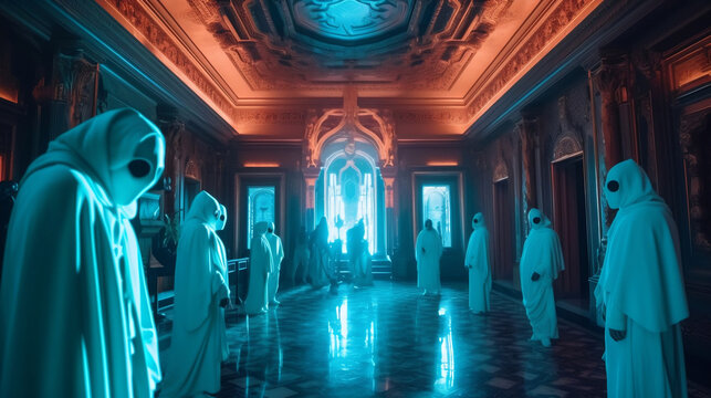 Film still of a cryptic congregation of Illuminati. Created with Generative AI technology.