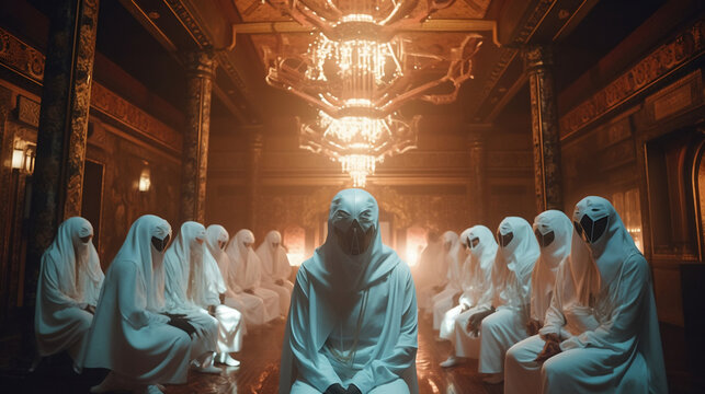 Film still of a cryptic congregation of Illuminati. Created with Generative AI technology.