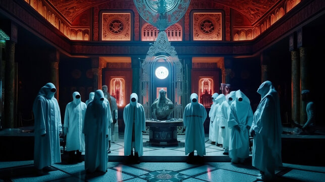 Film still of a cryptic congregation of Illuminati. Created with Generative AI technology.