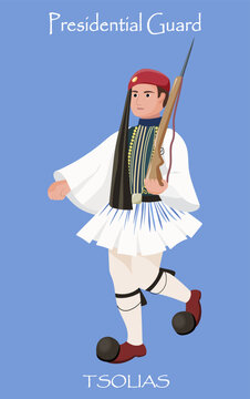 Full dress ceremonial uniform of the Presidential Guard of Greece. Tsolias. Athens. Vector illustration of traditions of different countries.