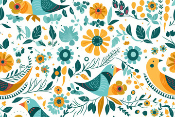 Trendy flower and bird seamless flat pattern, green and yellow flora and bird pattern