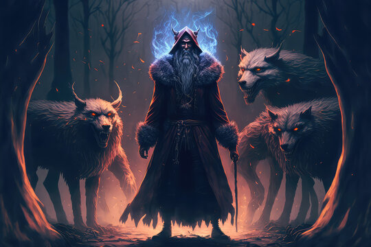 illustration painting of the wolf wizard standing among his demonic wolves, digital art style. (ai generated)