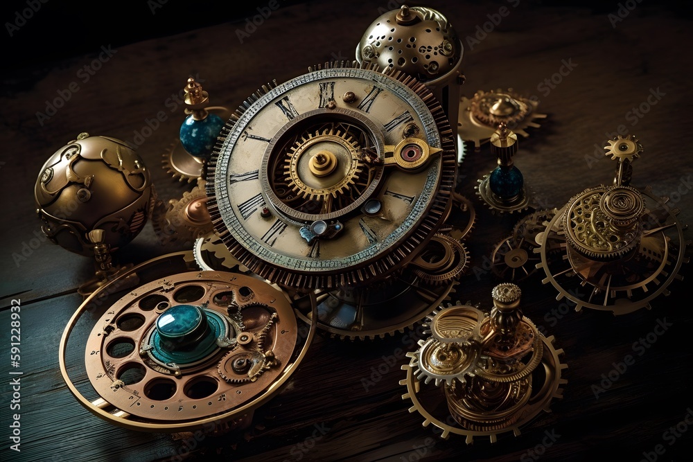 Wall mural a steampunk-inspired solar system with gears and cogs as planets. generative ai.