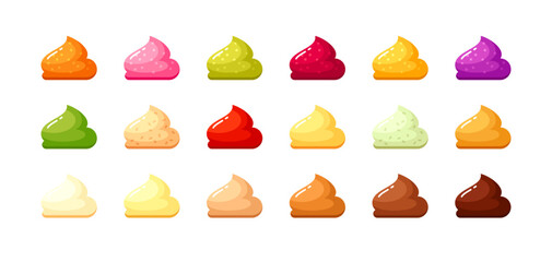 Swirls of white milk cream, yogurt, cheese sauce, chocolate, cocoa and vanilla mousse. Set of different dips, mustard, mayonnaise, ketchup, fruit and berries jams, vector cartoon illustration