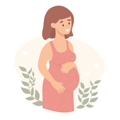 Cute happy pregnant girl. Vector illustration. Future beautiful mother in flat cartoon style