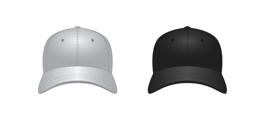 Black and white realistic baseball cap set. Front view. Mock-up for branding and advertise. Vector EPS 10