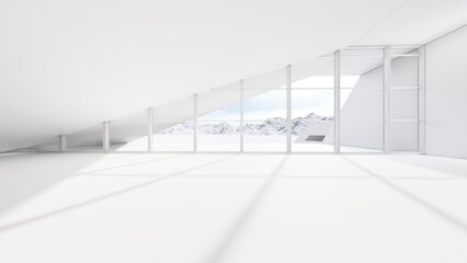 Architecture interior background white room with panoramic window 3d render