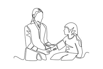 Continuous one-line drawing doctor checks girl's blood pressure. World hypertension day concept single line draws design graphic vector illustration