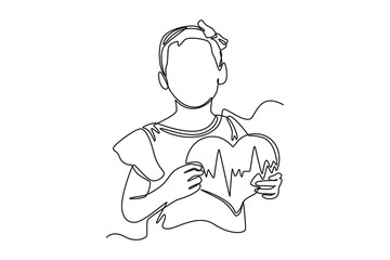 Continuous one-line drawing happy young girl holding heart pulse. World hypertension day concept single line draws design graphic vector illustration 