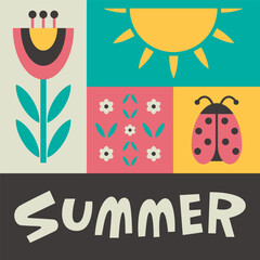 Banner with summer elements in flat graphic geometric style. Stylized ladybug with flowers in a simplified form. The concept of a banner, postcard, poster for printing. Handwritten lettering summer.