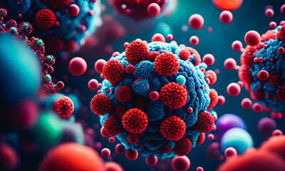 Complex chemical structures in vibrant colors, atoms, modern styling, new technologies, future. Generative AI