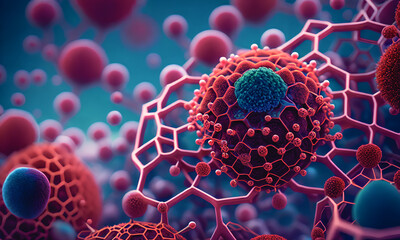 Complex chemical structures in vibrant colors, atoms, modern styling, new technologies, future. Generative AI