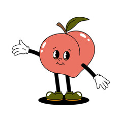 Vector cartoon retro mascot color illustration walking peach. Vintage style 30s, 40s, 50s old animation. The clipart is isolated on a white background.