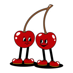 Vector cartoon retro mascot color illustration of a walking cherry. Vintage style 30s, 40s, 50s old animation. The clipart is isolated on a white background. - 591231358