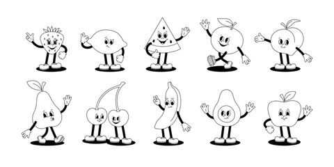 Vector set of cartoon retro mascots monochrome illustrations of walking fruits and berries. Vintage style 30s, 40s, 50s old animation. The clipart is isolated on a white background.