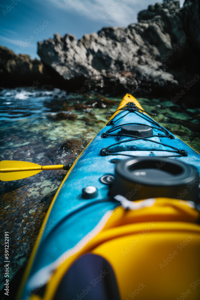 Poster close up of kayak in the water with rocks in the background. generative ai.