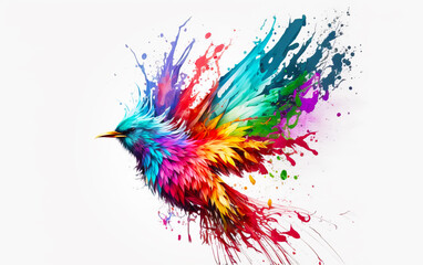 Fototapeta na wymiar Colorful bird with splatters of paint on it's wings. Generative AI.