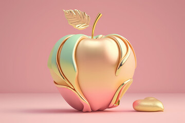 Gold and pink apple on pink pastel background. Generative AI
