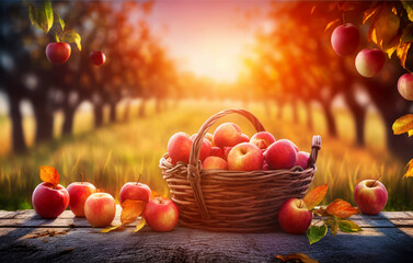 Basket filled with lots of red apples sitting on top of wooden table. Generative AI.