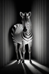 Black and white photo of zebra standing in room with striped walls. Generative AI.