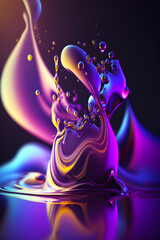 Purple and blue liquid splashing on top of purple and blue liquid. Generative AI.