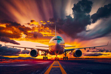 Fototapeta na wymiar Large jetliner sitting on top of airport tarmac at sunset. Generative AI.
