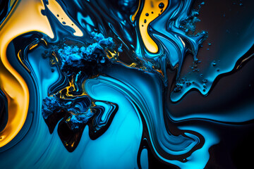 Close up view of blue and yellow liquid swirl pattern on black background. Generative AI.
