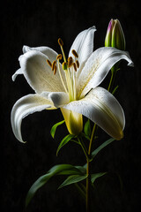 Close up of white flower with black background in the background. Generative AI.