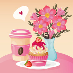 Romantic breakfast with coffee in a paper cup, strawberry muffin with white cream and strawberries on the plate and pink flowers in a vase on a pink table. Cute cartoon postcard with romantic dinner