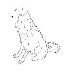 Playful dog sitting and turned his head sideways, tongue out. Laika dog, friend animal, guide dog, companion pet. National Puppy Day. Black and white hand drawn illustration vector isolated