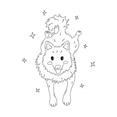 Playful dog lies and looking cute, tongue out. Laika dog, friend animal, guide dog, companion pet. National Puppy Day. Stars around. Black and white hand drawn doodle illustration vector isolated