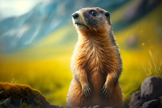 Image of groundhog standing on its hind legs and looking up. Generative AI.