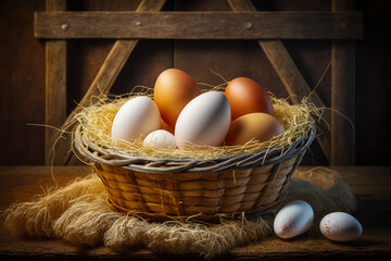 Basket of eggs sitting on top of table next to some eggs. Generative AI.