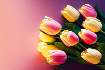 Bunch of pink and yellow tulips on pink and purple background. Generative AI.