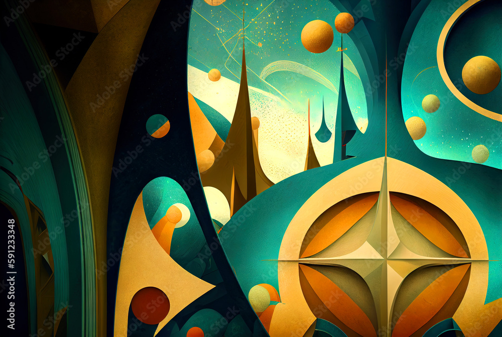 Poster Abstract shapes retro composition in 20s avantrgarde or futurism style. Retro background with surreal mindbending figures. Generated AI.