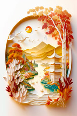 Paper plate with painting of lake and pagoda on it. Generative AI.