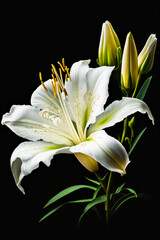 Close up of white flower on black background with green leaves. Generative AI.