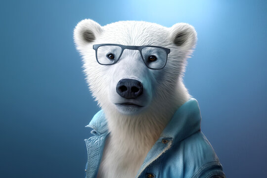 White polar bear wearing glasses and denim jacket with blue background. Generative AI.