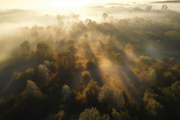 Fototapeta na wymiar Drone photography of a forest covered with low lying fog. Generative AI
