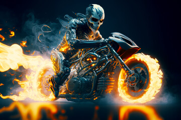 Skeleton riding motorcycle with flames coming out of the back of it. Generative AI.