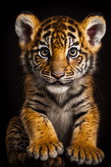 Obraz na płótnie Canvas Close up of baby tiger on black background with black background. Generative AI.